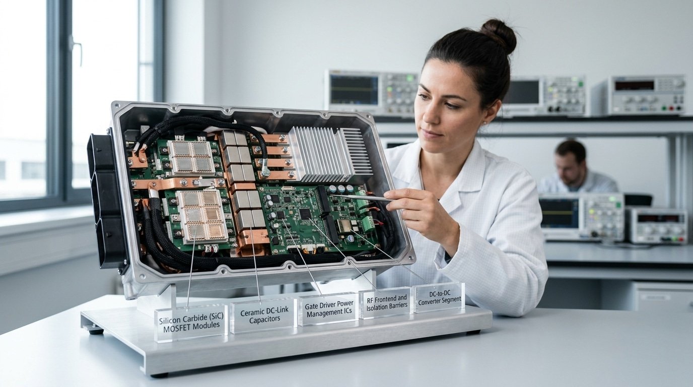 Analog chips among types of semiconductor chips handling power and RF signals in an EV