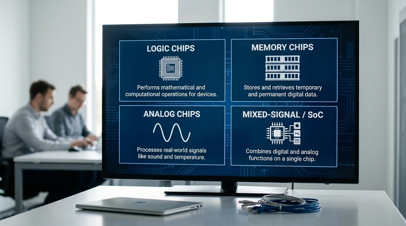 The four main types of semiconductor chips: logic, memory, analog, and mixed-signal SoC