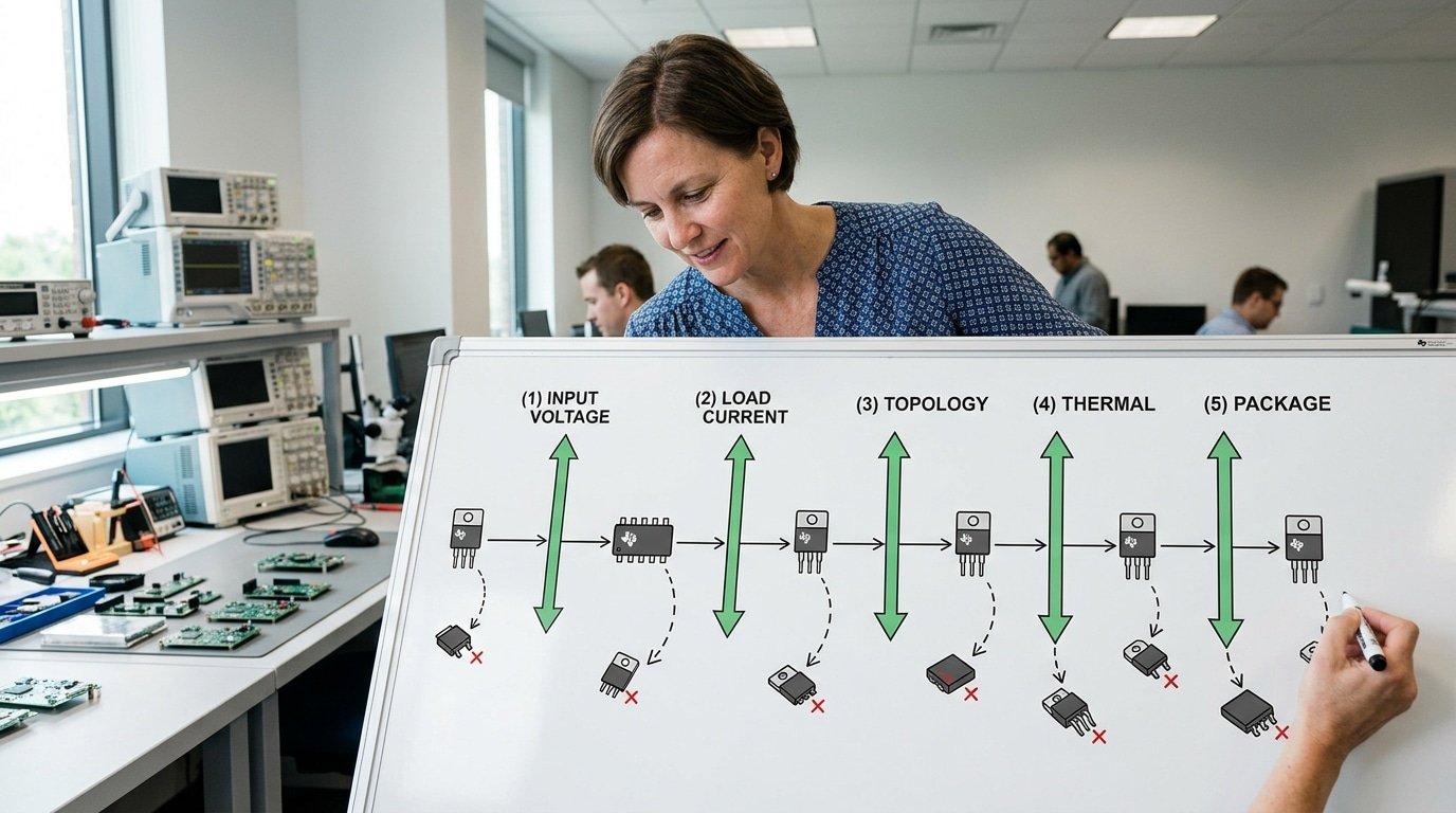 Texas Instruments voltage regulator chip selection guide five-spec decision gate flowchart