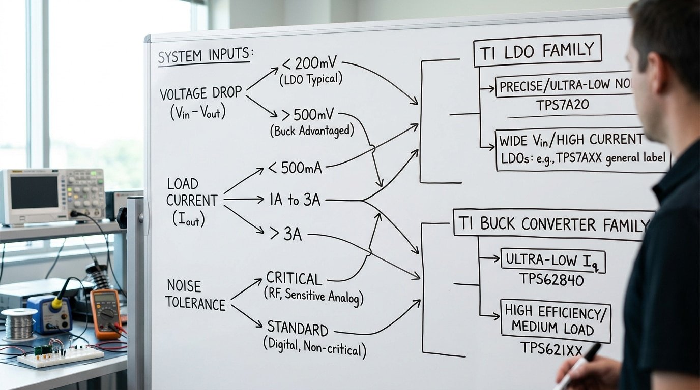 TI voltage regulator chip selection guide decision tree comparing LDO and switching regulator