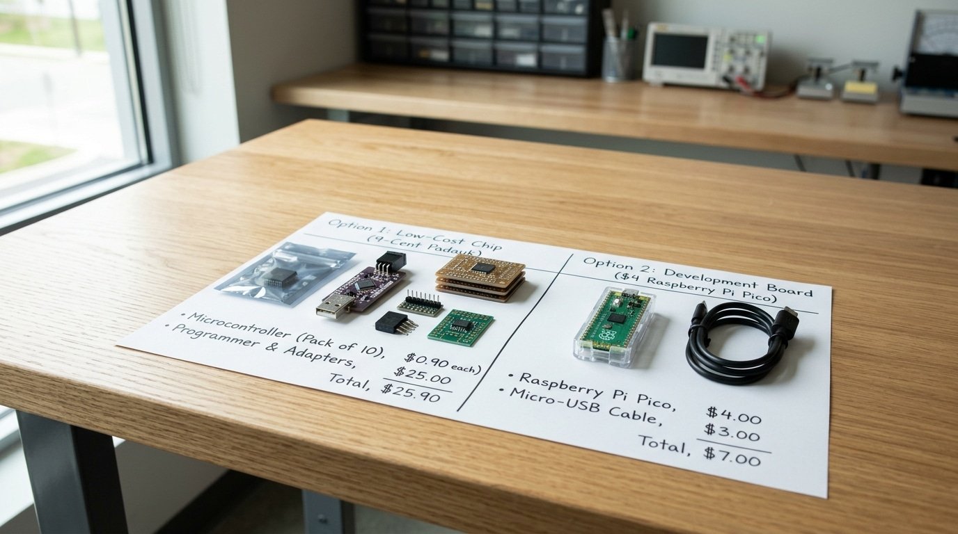 cheapest microcontroller chips for prototyping total cost comparison Padauk vs Raspberry Pi Pico
