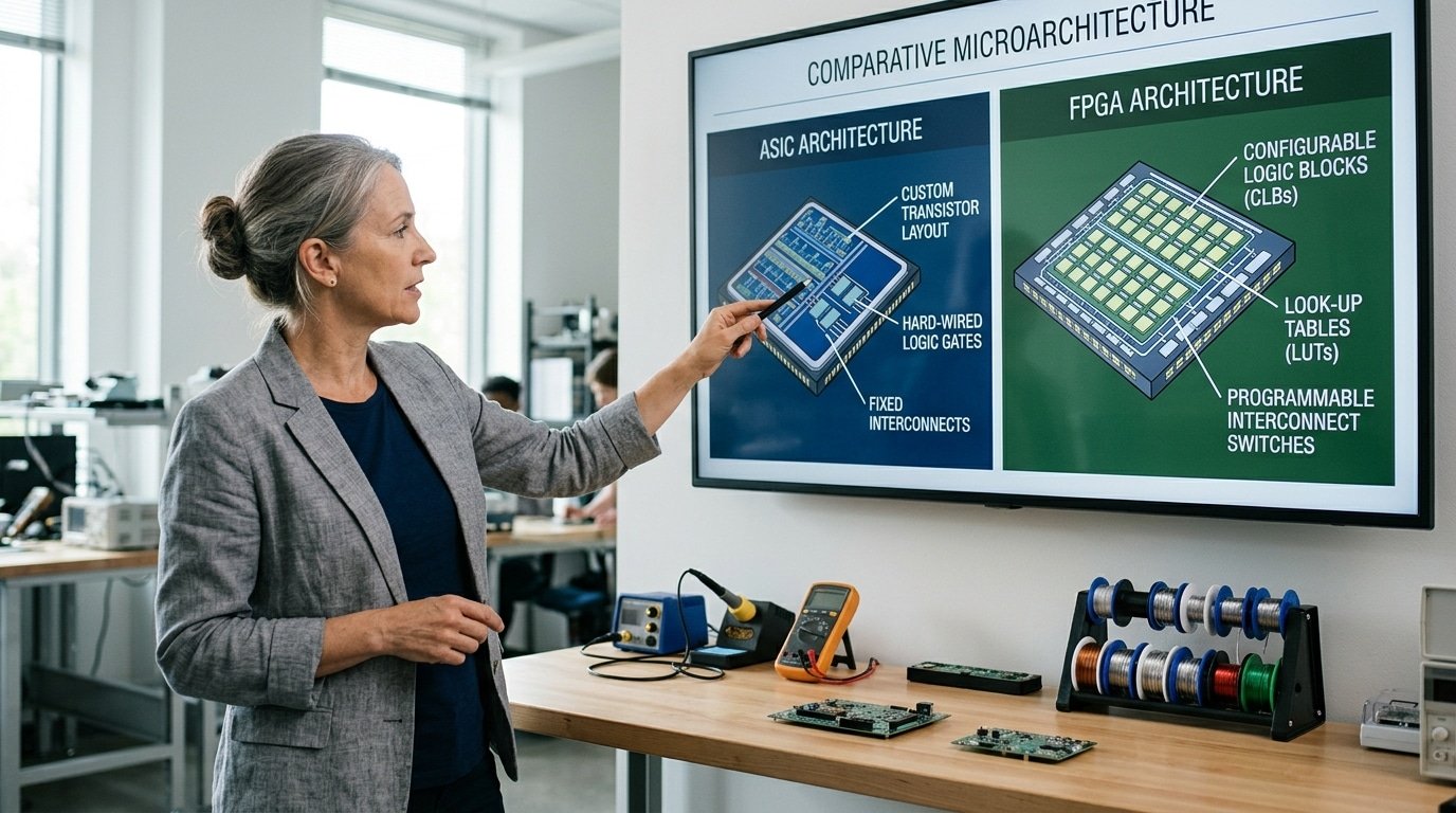ASIC vs FPGA chip differences showing fixed custom layout versus reconfigurable logic blocks