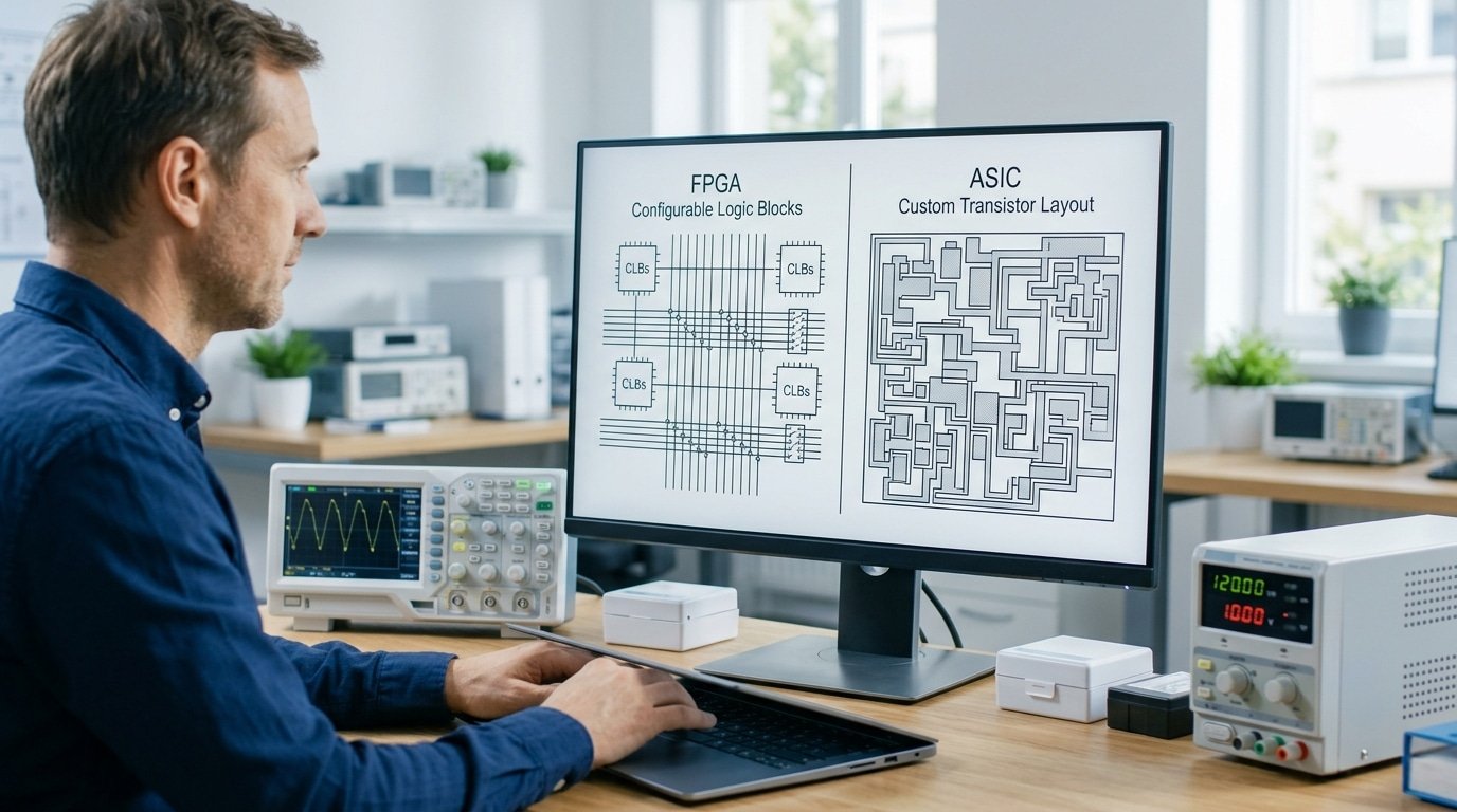 ASIC vs FPGA chip differences in architecture showing LUTs routing fabric versus custom silicon layout