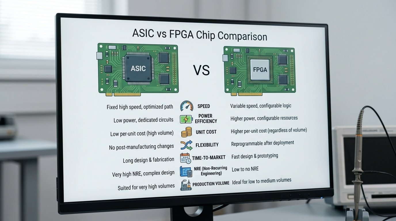 ASIC vs FPGA chip differences quick comparison chart across speed cost and power