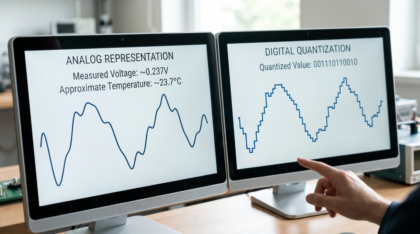 analog vs digital chips explained continuous voltage versus binary quantization of a 23.7C temperature reading