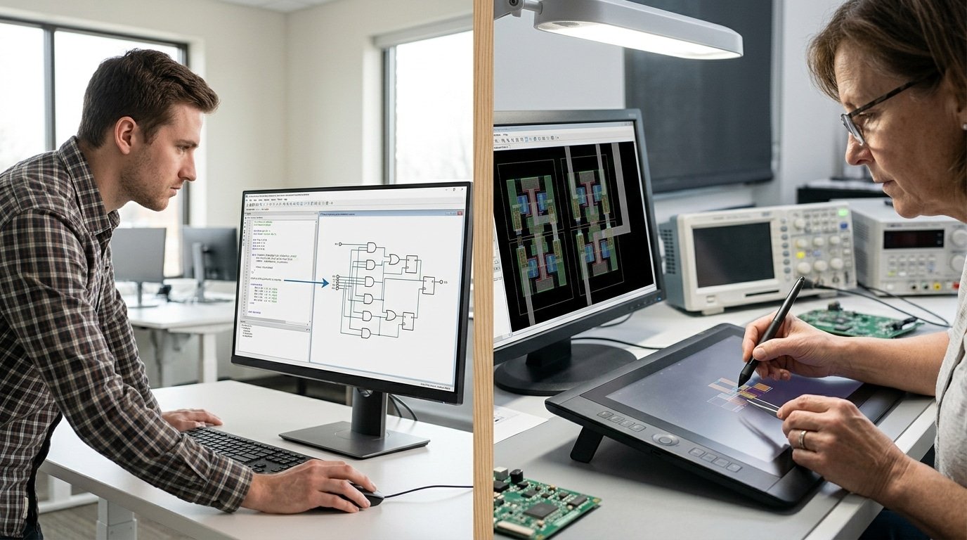 analog vs digital chips explained design process hand-crafted layout versus synthesizable RTL logic