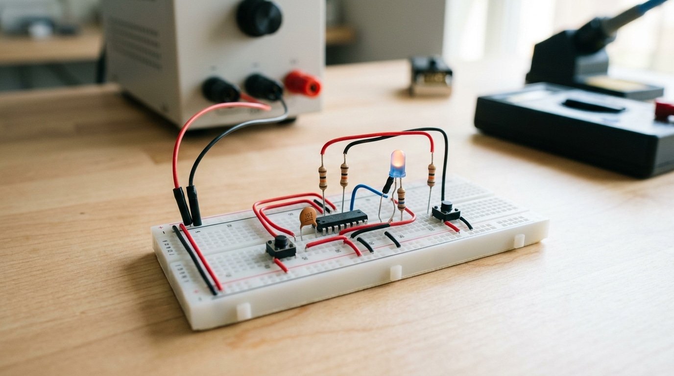 555 timer bistable latching switch circuit design with set and reset triggers