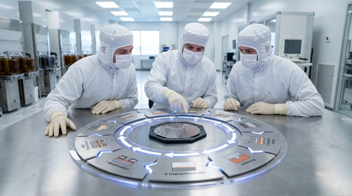 semiconductor fabrication process steps shown as a repeating 9-stage cleanroom loop