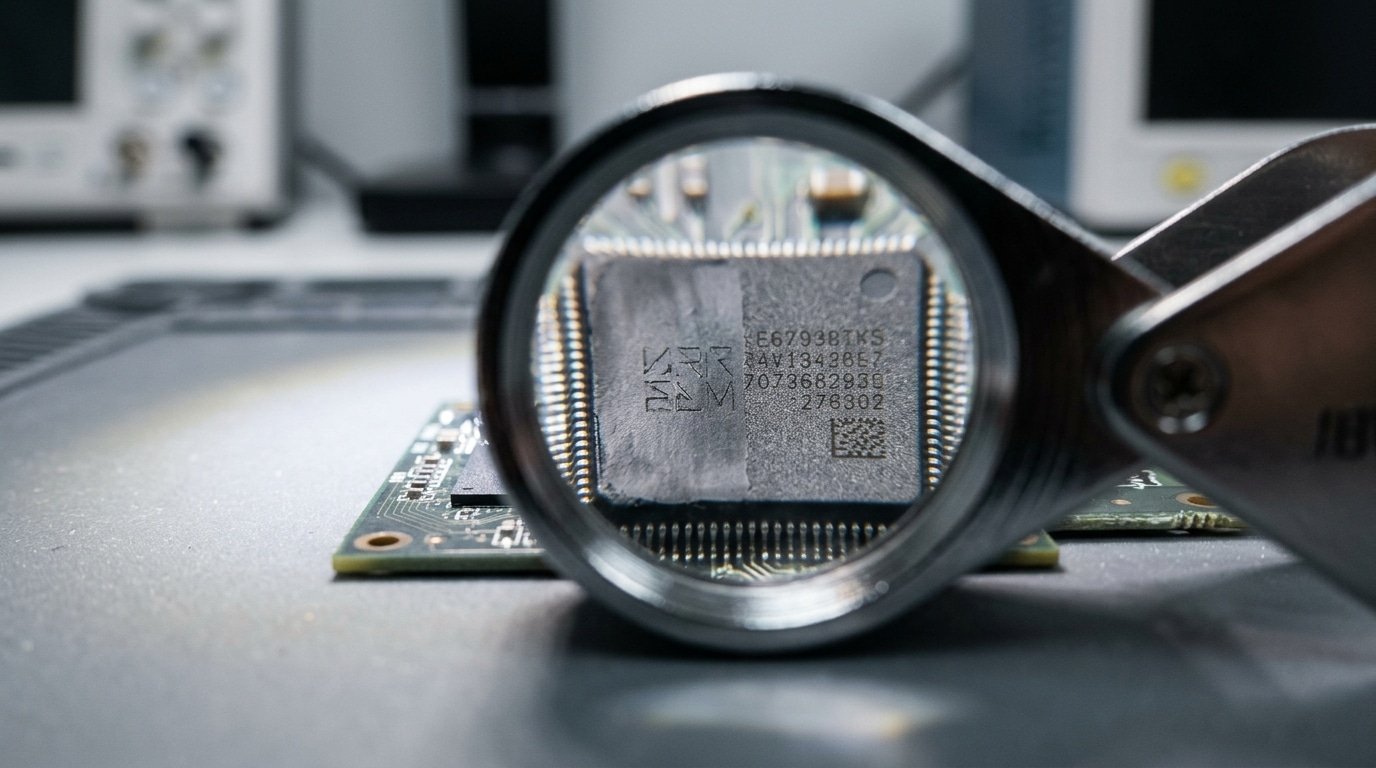 how to verify counterfeit electronic chips by examining laser etch and remarked body markings under a loupe
