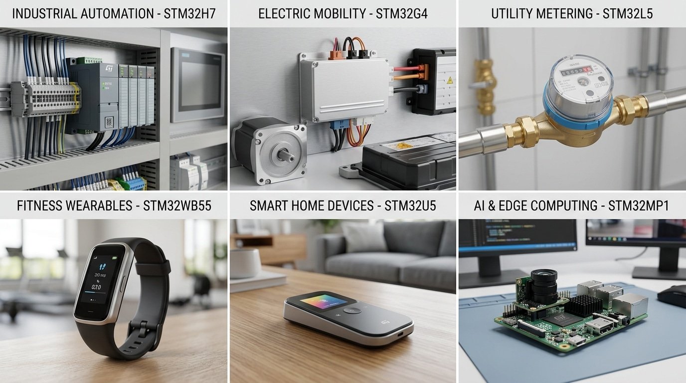 STMicroelectronics MCU application cases across industrial, IoT, medical, and edge AI domains