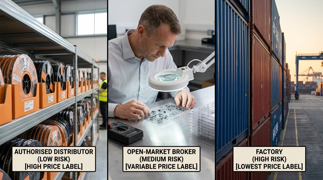 buy electronic chips bulk supplier channels compared authorized distributor broker marketplace