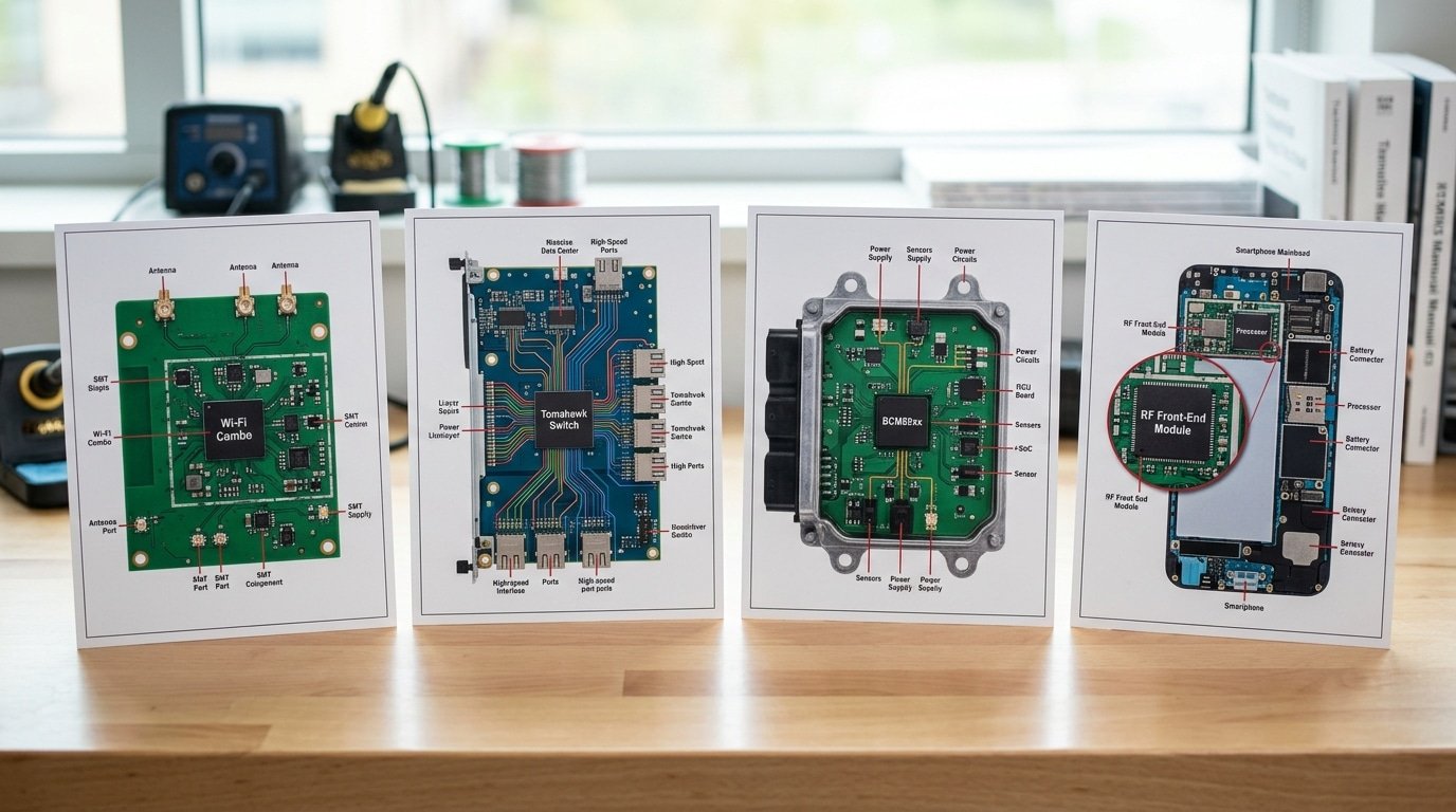 Broadcom Communication Chip Solution families mapped to router, data center, automotive, and handset boards