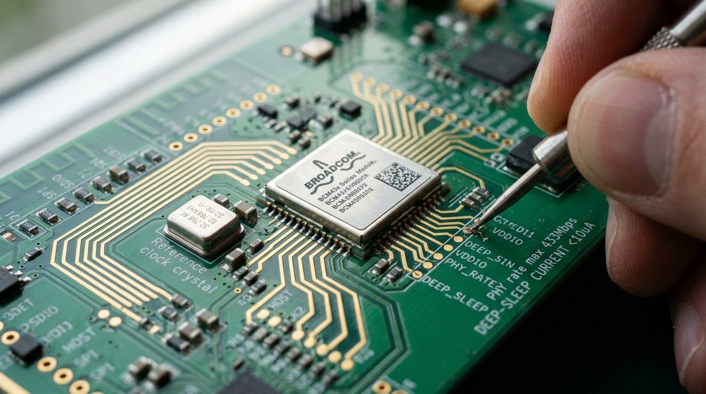 Broadcom communication chip solution key specs annotated on circuit board