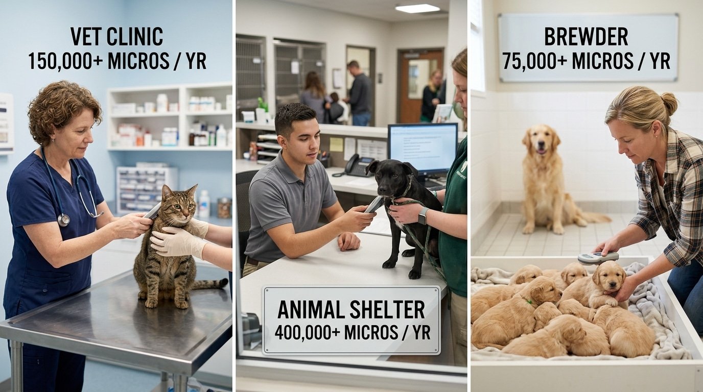 who buys microchips in bulk pet clinics shelters breeders order sizes