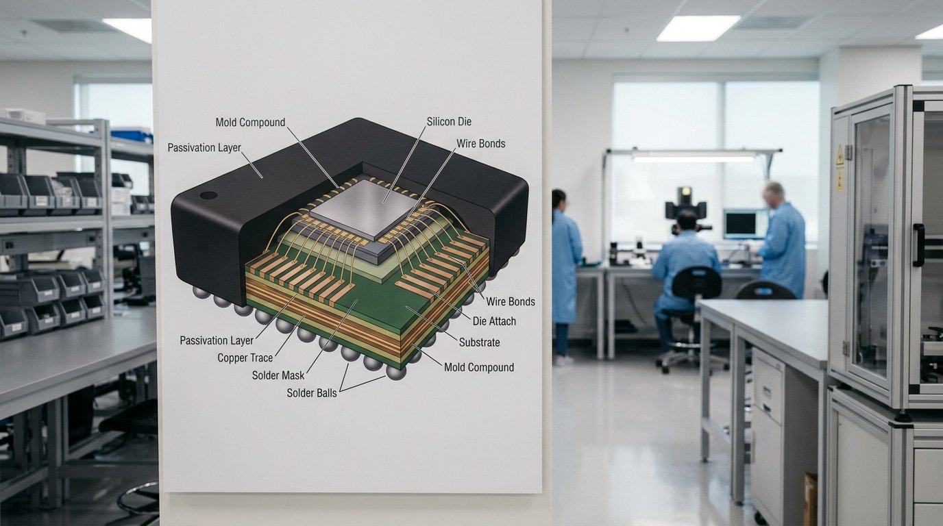 chip packaging and assembly process cutaway showing die attach wire bond and molding layers