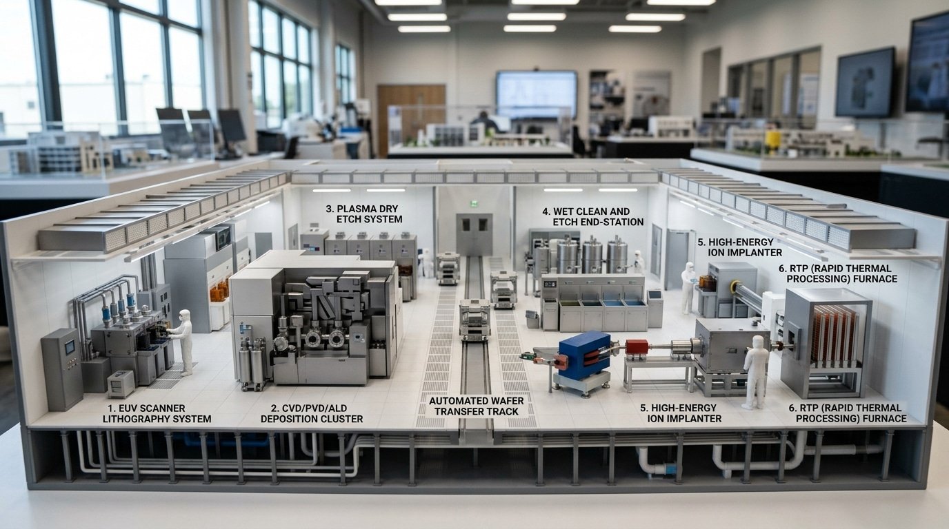 front-end chip wafer manufacturing equipment types in a fab cleanroom