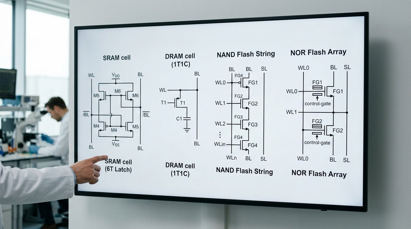 Comparison of DRAM SRAM NAND NOR memory cell structures