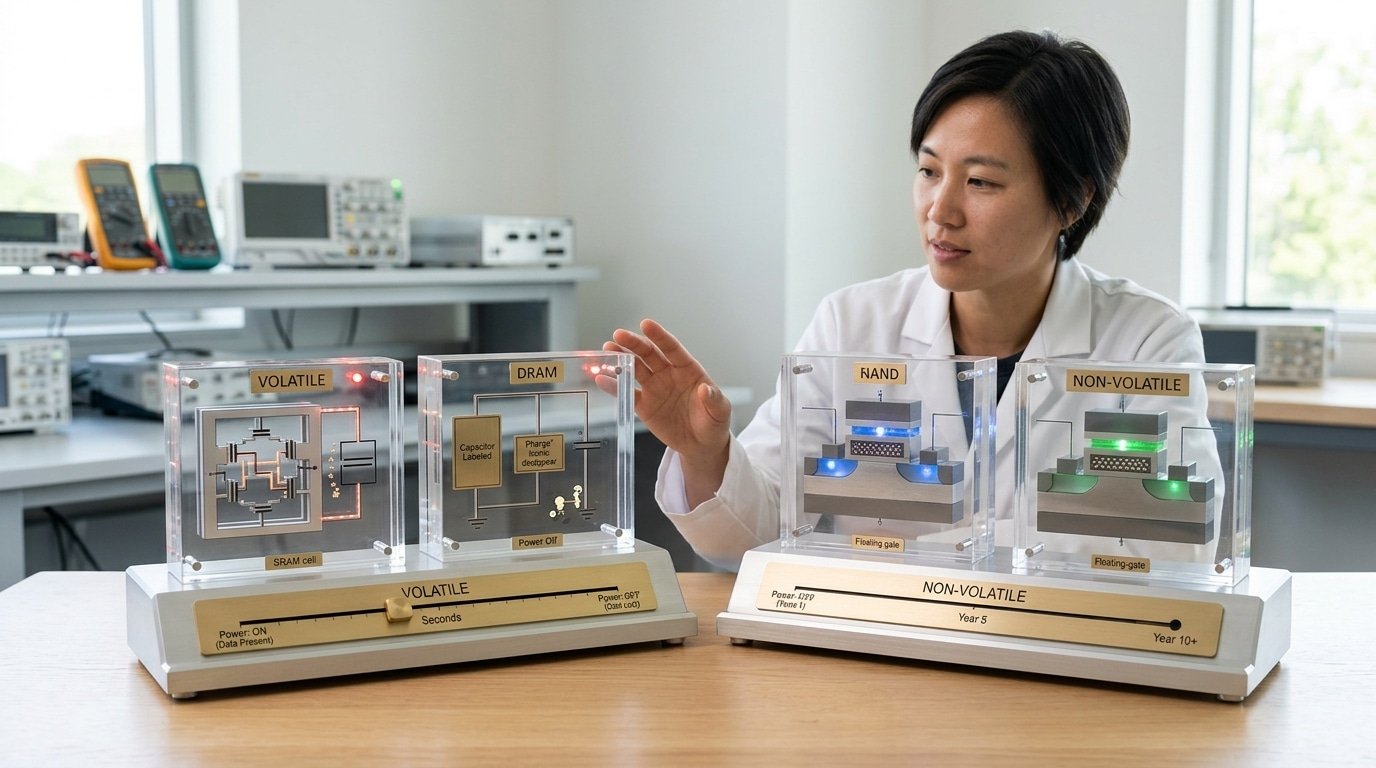 Comparison of DRAM SRAM NAND NOR volatility and data retention after power loss