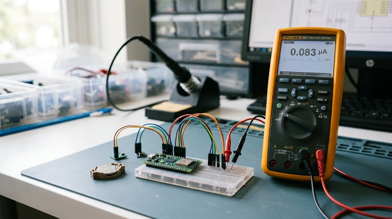 MCU selection guide example showing battery-powered sensor node with microamp sleep current