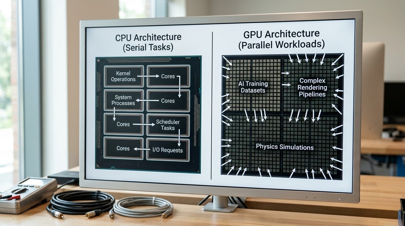 GPU vs CPU comparison showing parallel cores versus serial cores for different workloads