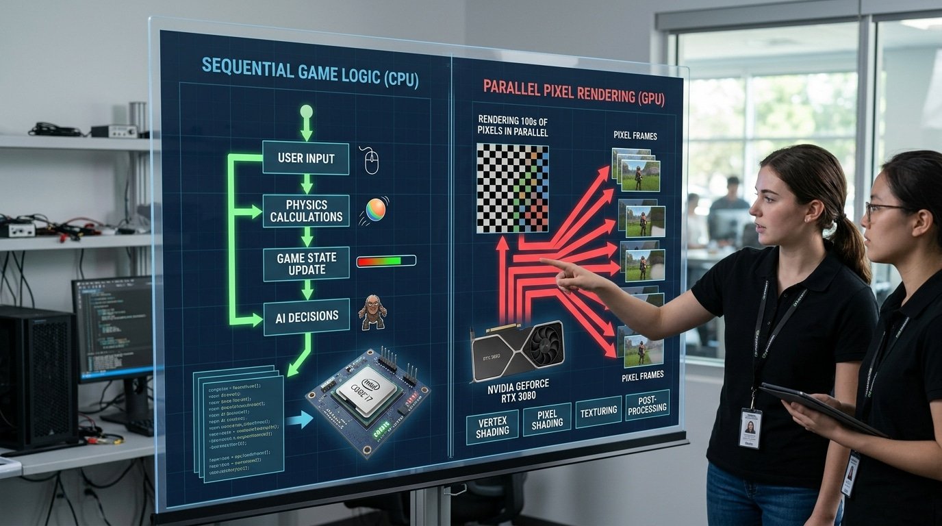 GPU vs CPU task division showing serial CPU logic versus parallel GPU rendering