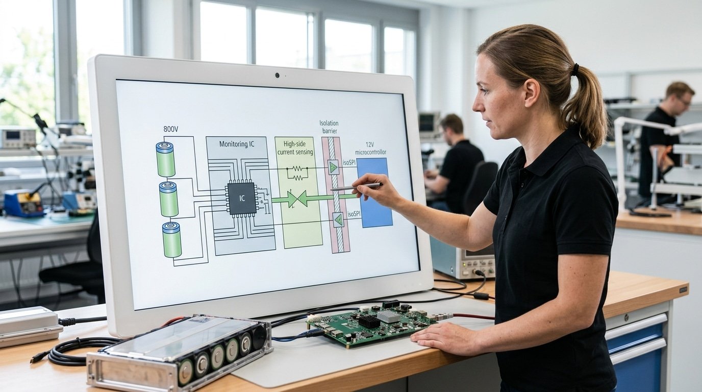 EV BMS signal chain using Analog Devices analog chips for cell monitoring and high-voltage isolation