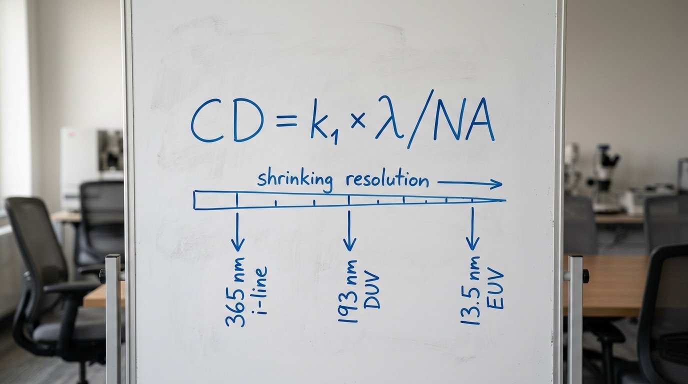 Rayleigh equation showing how wavelength and numerical aperture limit photolithography process in chip making resolution