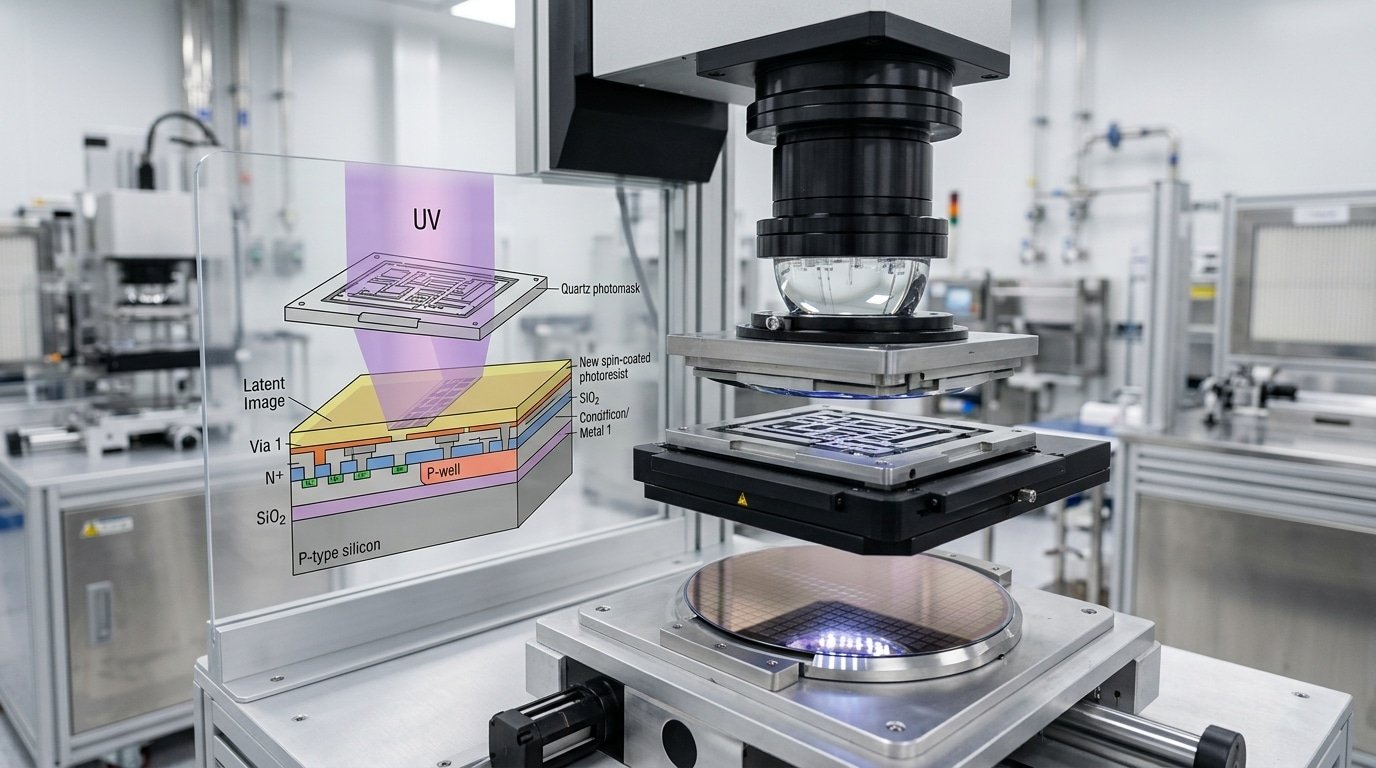 photolithography process in chip making printing circuit patterns on silicon wafer
