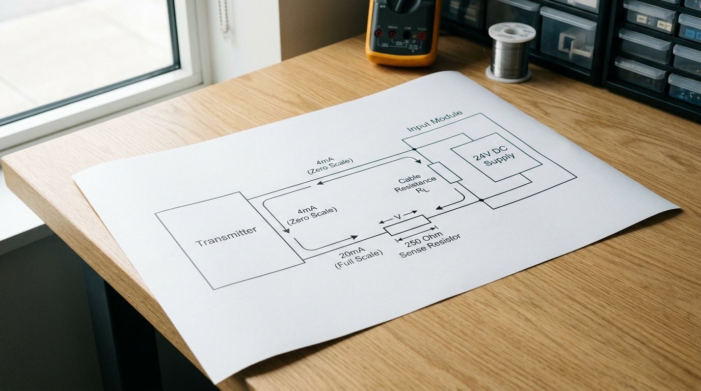 Industrial 4-20mA sensor loop design diagram showing live zero and series current path
