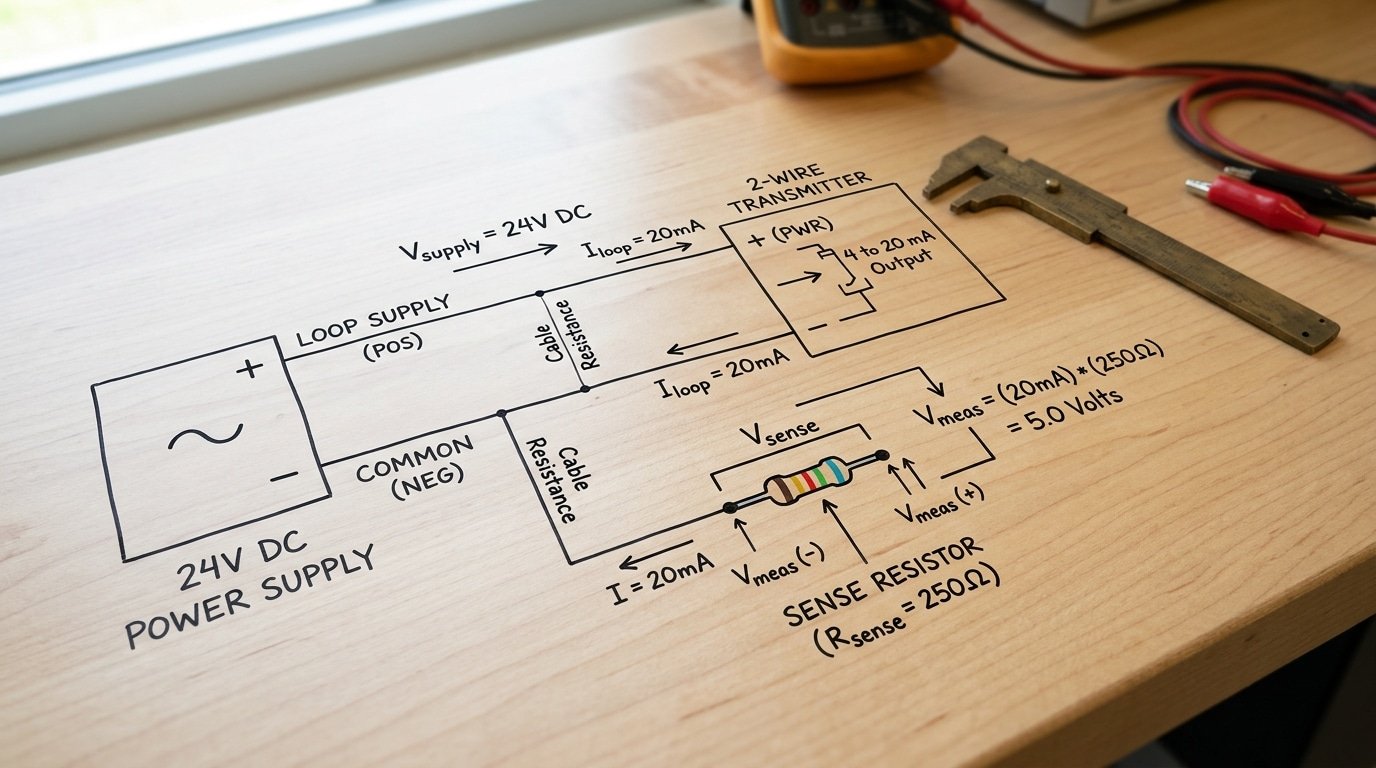 Industrial 4-20mA sensor loop design compliance voltage budget calculation diagram