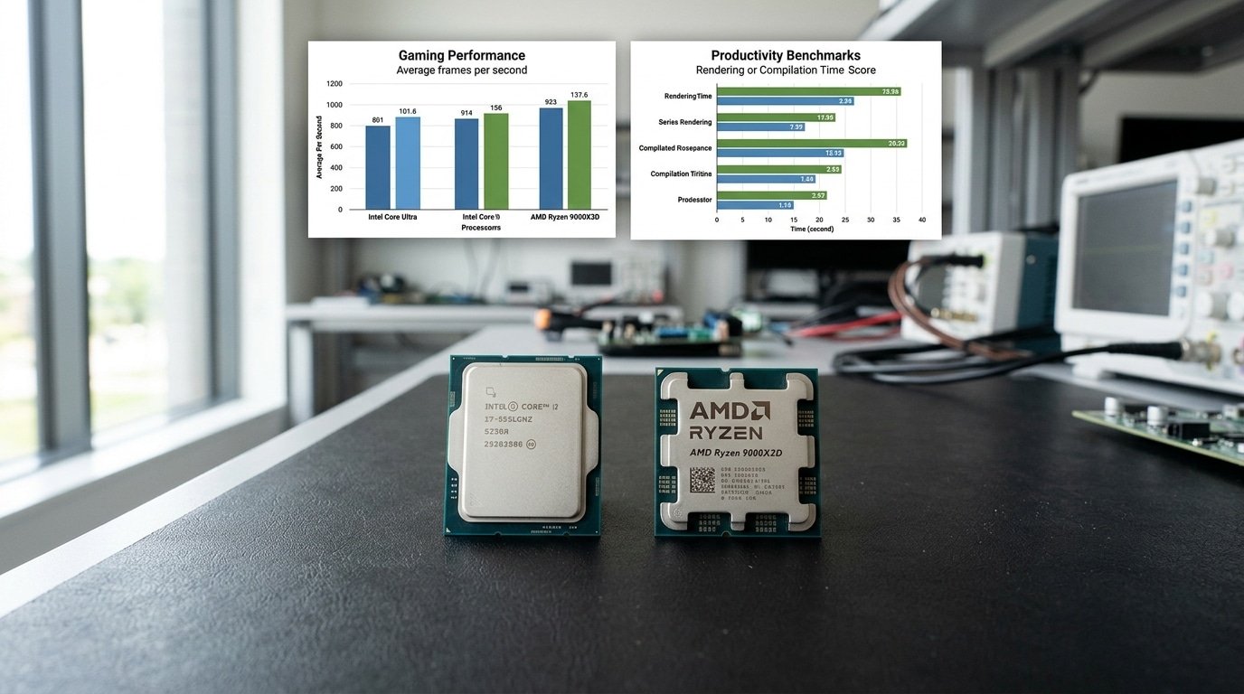 Performance comparison between Intel CPU and AMD CPU shown across five benchmark categories