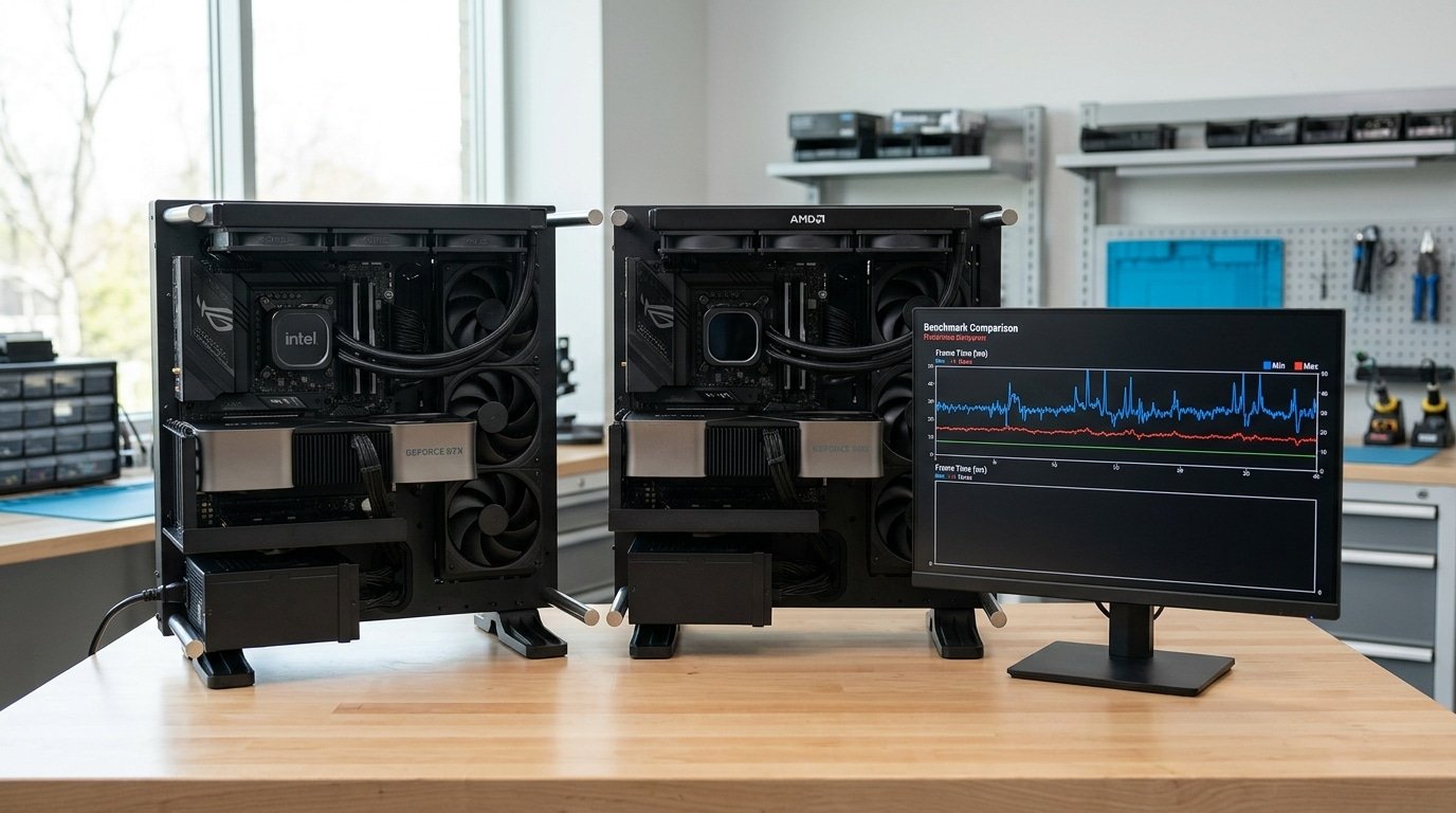 Intel CPU and AMD CPU benchmark test rigs with matched hardware