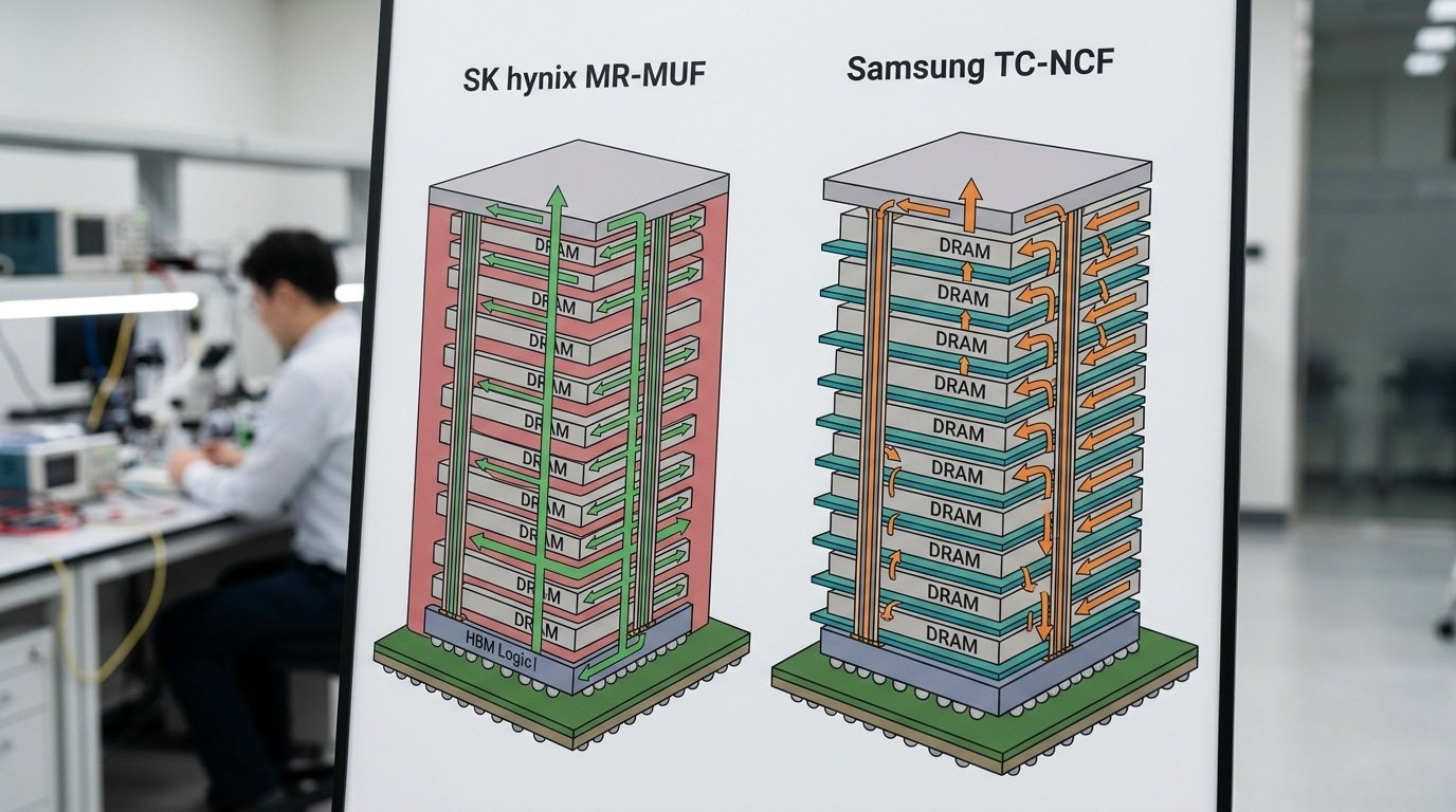Comparison of Samsung and SK Hynix storage chips HBM stacking architecture MR-MUF vs TC-NCF