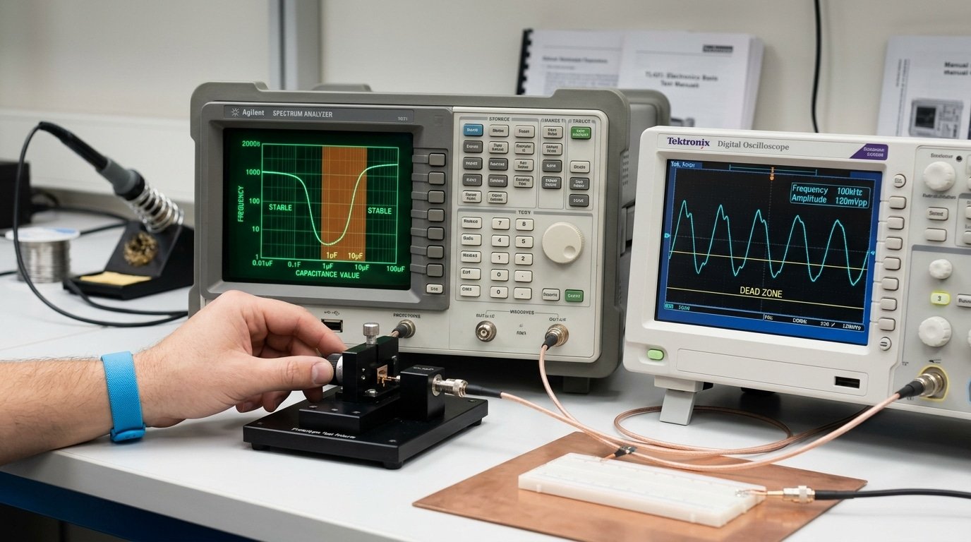 TL431 cathode capacitor stability dead zone curve and measured oscillation in a Design Case of TL431 Zener Diode