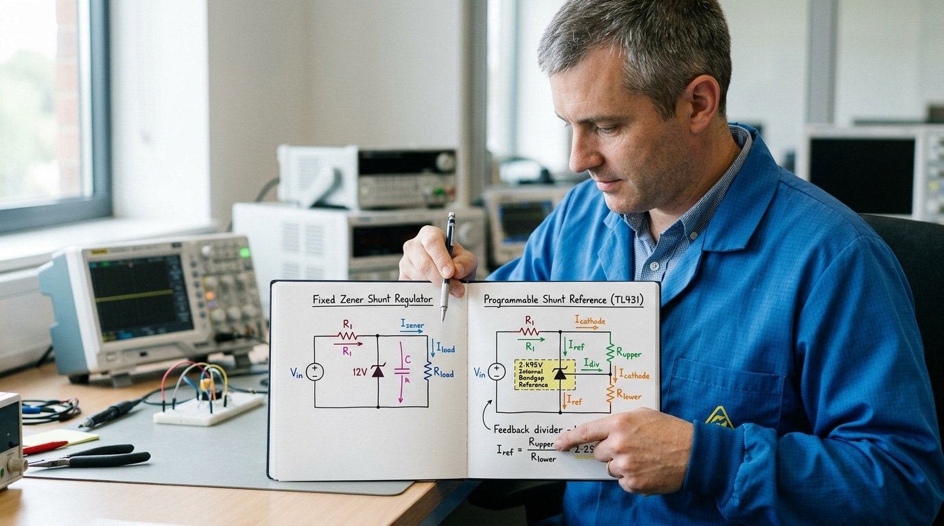 Design case of TL431 Zener diode showing three currents and resistor values versus a fixed Zener