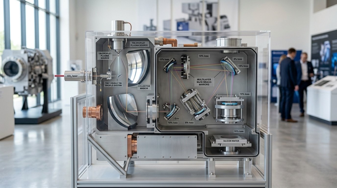 EUV lithography for chip fabrication light path showing 13.5nm reflection losses