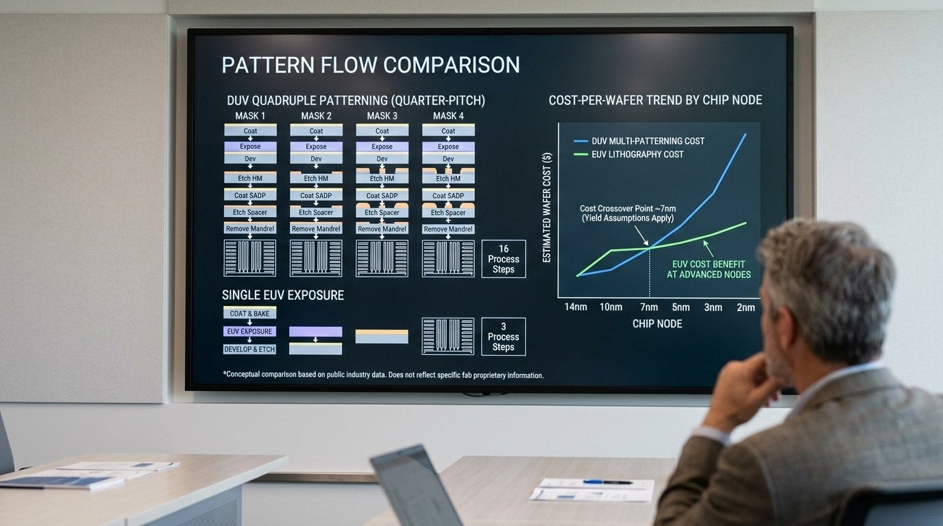 EUV vs DUV multi-patterning cost-per-wafer comparison at 7nm node
