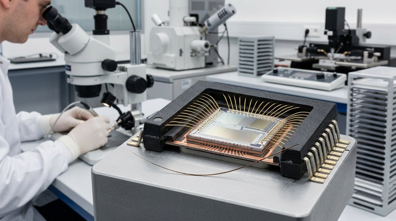 what is an electronic chip showing silicon die copper gold materials inside