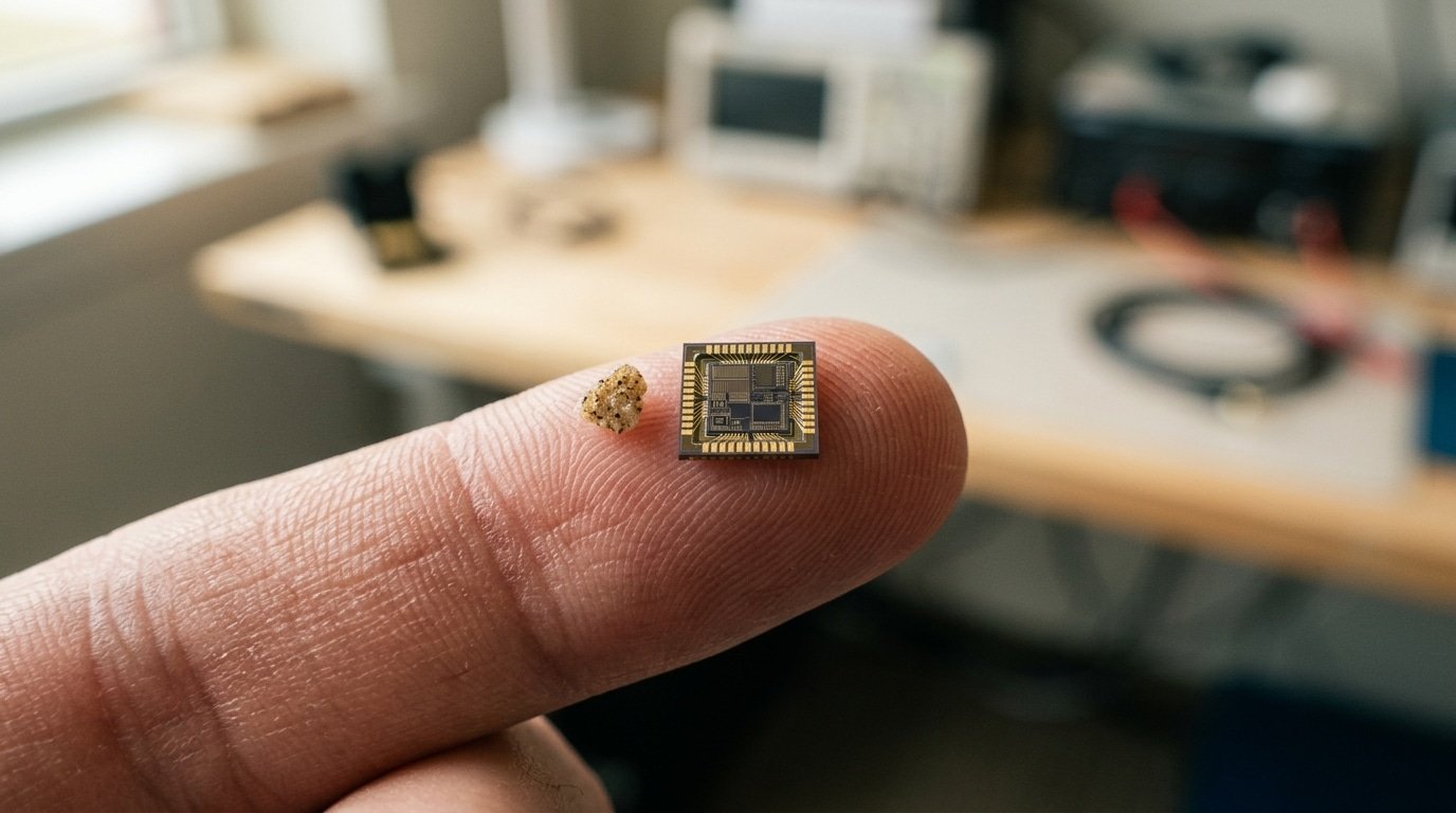 what is an electronic chip shown as a fingernail-sized silicon slab next to a grain of sand